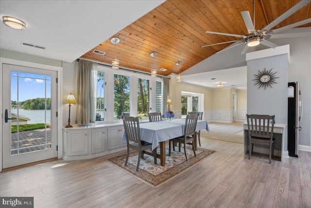 194 Harbor Dr, Lusby, MD 20657 - dining area featuring lofted ceiling, wooden ceiling, wainscoting, a ceiling fan, and light wood-style flooring