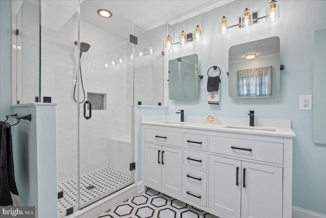 194 Harbor Dr, Lusby, MD 20657 - bathroom featuring a shower stall, double vanity, and crown molding