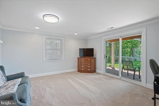 194 Harbor Dr, Lusby, MD 20657 - living area with healthy amount of natural light, carpet floors, crown molding, and recessed lighting