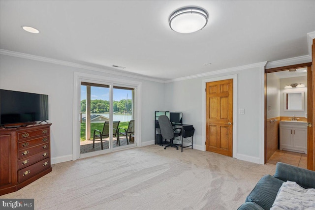 194 Harbor Dr, Lusby, MD 20657 - carpeted home office with ornamental molding and a sink