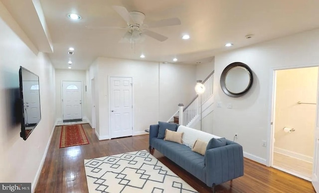 75 New York Ave NW, Washington, DC 20001 - living room with dark wood-type flooring, stairway, a ceiling fan, and recessed lighting