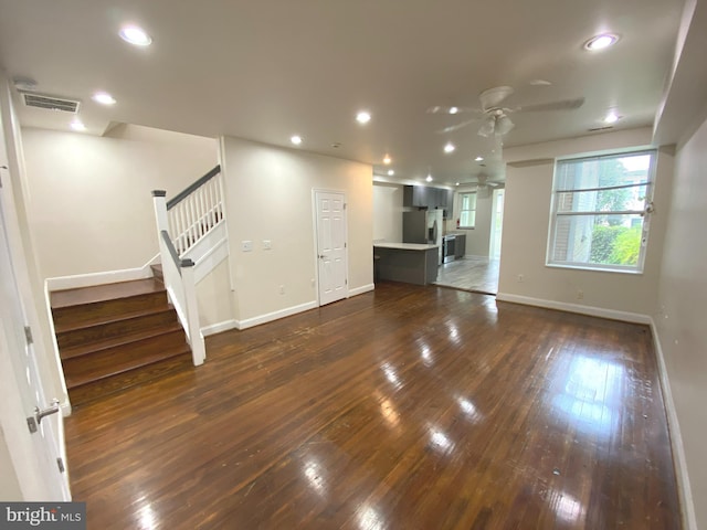 75 New York Ave NW, Washington, DC 20001 - unfurnished living room with ceiling fan, dark wood finished floors, stairs, and recessed lighting