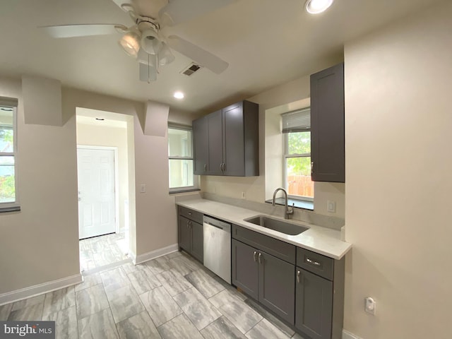 75 New York Ave NW, Washington, DC 20001 - kitchen featuring dishwasher, ceiling fan, light countertops, recessed lighting, and gray cabinetry