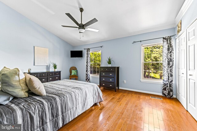 8 Cross Falls Cir, Sparks Glencoe, MD 21152 - bedroom with multiple windows, hardwood / wood-style floors, vaulted ceiling, a closet, and a ceiling fan