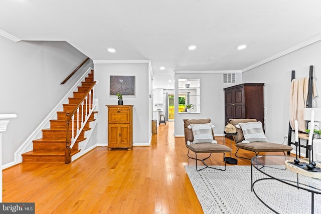 8 Cross Falls Cir, Sparks Glencoe, MD 21152 - living area featuring stairway, light wood-type flooring, recessed lighting, and crown molding