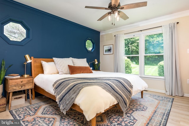 6444 Duhollow Rd, Warrenton, VA 20187 - bedroom featuring ornamental molding, light wood-style flooring, and a ceiling fan