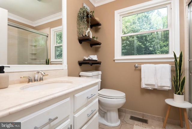 6444 Duhollow Rd, Warrenton, VA 20187 - bathroom with plenty of natural light, vanity, tiled shower, crown molding, and tile patterned flooring