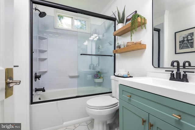 6444 Duhollow Rd, Warrenton, VA 20187 - full bathroom with crown molding, vanity, combined bath / shower with glass door, and tile patterned floors
