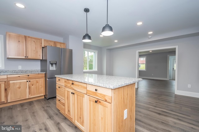 511 E Green St, Oakland, MD 21550 - kitchen featuring stainless steel fridge, light brown cabinetry, recessed lighting, plenty of natural light, and dark wood-style flooring