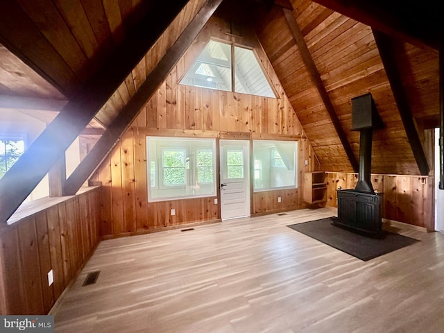 556 Trapper Ridge Ln, Hedgesville, WV 25427 - additional living space with wood ceiling, wooden walls, a wood stove, and wood finished floors