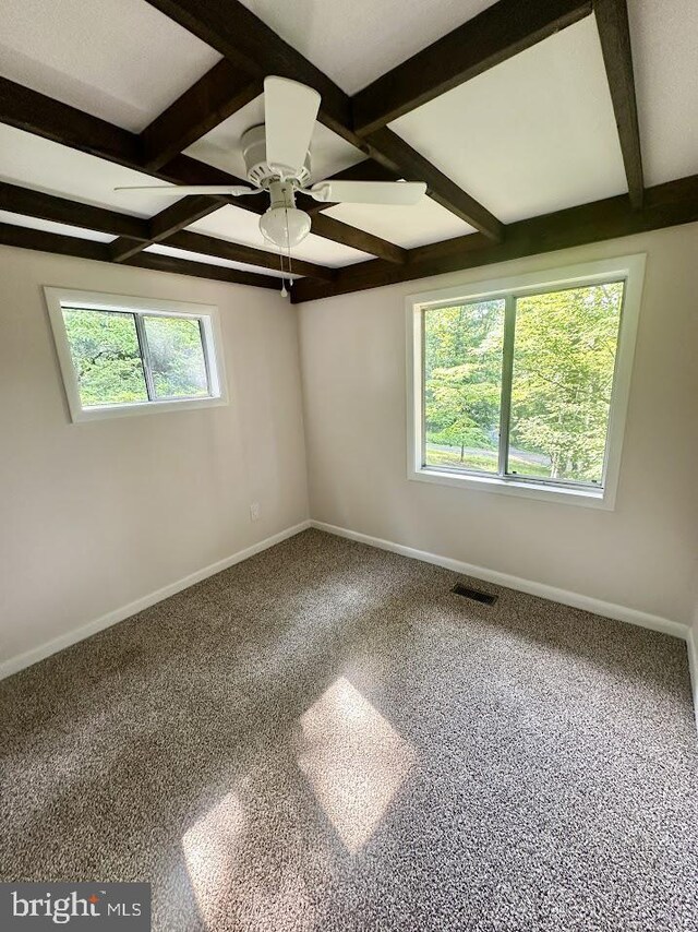 556 Trapper Ridge Ln, Hedgesville, WV 25427 - carpeted empty room featuring coffered ceiling, ceiling fan, and beamed ceiling
