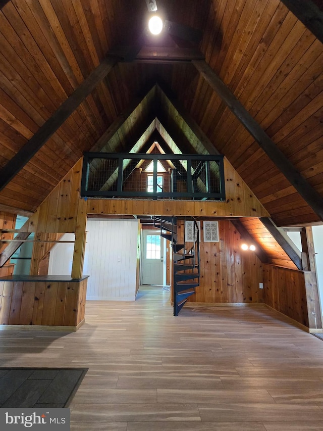 556 Trapper Ridge Ln, Hedgesville, WV 25427 - bonus room featuring wooden walls, wooden ceiling, wood finished floors, and stairway