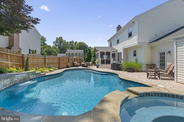 5304 Braddock Ridge Dr, Centreville, VA 20120 - view of pool with a patio area, a fenced backyard, a sunroom, and a pool with connected hot tub