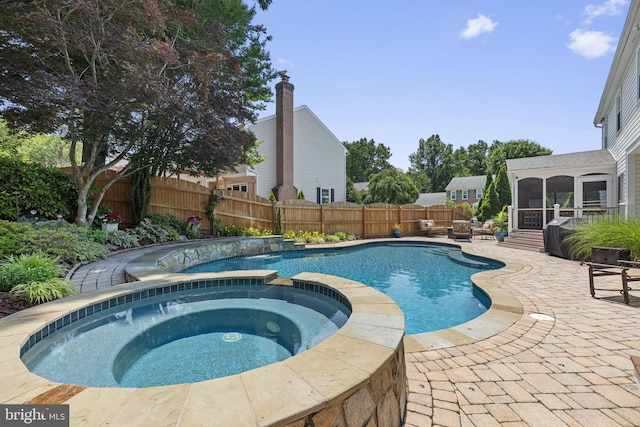 5304 Braddock Ridge Dr, Centreville, VA 20120 - view of pool featuring a sunroom, a patio area, a fenced backyard, and a pool with connected hot tub