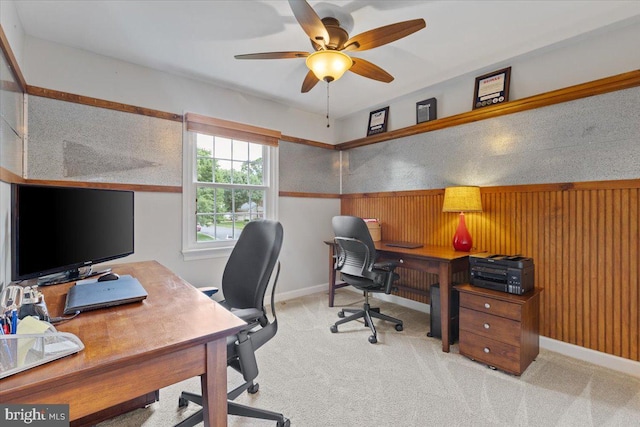 5304 Braddock Ridge Dr, Centreville, VA 20120 - carpeted office featuring a ceiling fan, a wainscoted wall, and wooden walls