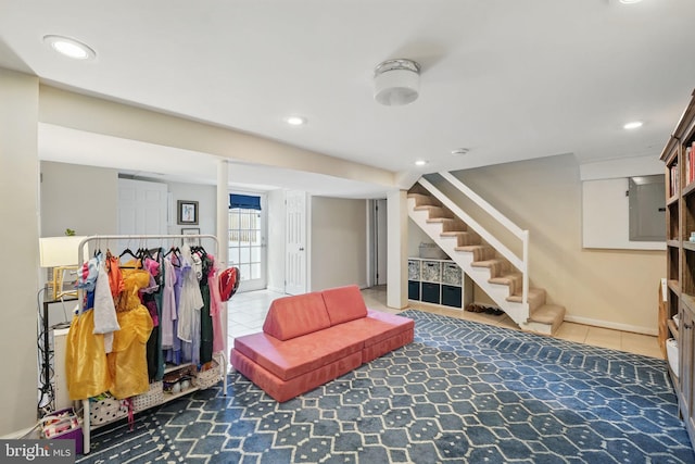 1615 Webster St NE, Washington, DC 20017 - living area featuring tile patterned flooring, stairs, and recessed lighting
