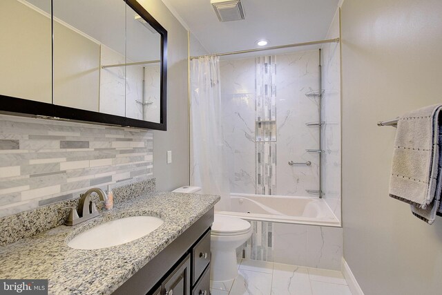 1326 Balsam St, Saint Leonard, MD 20685 - full bathroom with a combined bath / shower with marble appearance, decorative backsplash, vanity, and recessed lighting