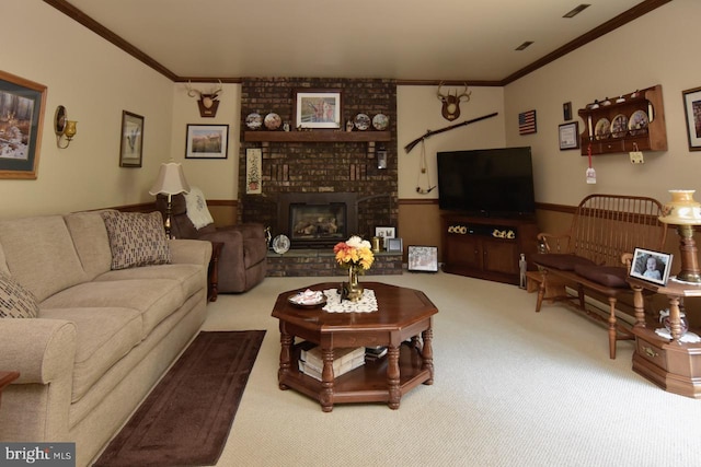 401 Antietam Rd, Reading, PA 19606 - living area with carpet, crown molding, and a brick fireplace