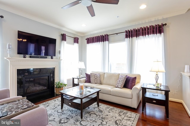 1712 Renaissance Dr, Baltimore, MD 21221 - living area with ceiling fan, ornamental molding, wood finished floors, a glass covered fireplace, and recessed lighting