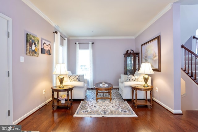 1712 Renaissance Dr, Baltimore, MD 21221 - sitting room featuring stairs, wood finished floors, and crown molding