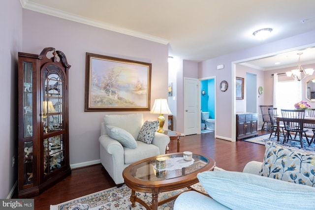 1712 Renaissance Dr, Baltimore, MD 21221 - living area with wood finished floors, a chandelier, and crown molding