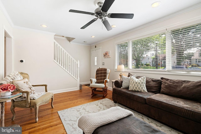 143 Moore Ave, Barrington, NJ 08007 - living room with stairway, ornamental molding, wood finished floors, a ceiling fan, and recessed lighting