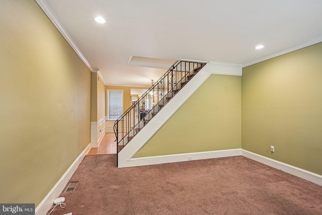 453 Hermitage St, Philadelphia, PA 19128 - staircase featuring carpet, crown molding, and recessed lighting
