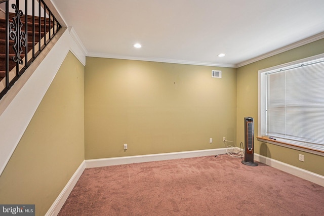 453 Hermitage St, Philadelphia, PA 19128 - carpeted spare room with stairs, ornamental molding, and recessed lighting