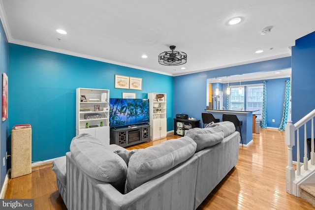 1712 Apple Blossom Ct, Bowie, MD 20721 - living area with stairway, crown molding, recessed lighting, and light wood-style floors