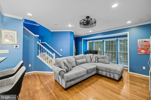 1712 Apple Blossom Ct, Bowie, MD 20721 - living area featuring stairway, light wood-style flooring, recessed lighting, and crown molding
