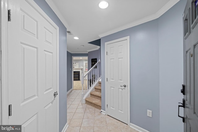 1712 Apple Blossom Ct, Bowie, MD 20721 - foyer entrance with ornamental molding, light tile patterned flooring, recessed lighting, and stairs