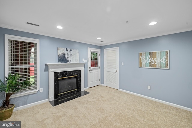 1712 Apple Blossom Ct, Bowie, MD 20721 - carpeted living area featuring ornamental molding, recessed lighting, and a high end fireplace