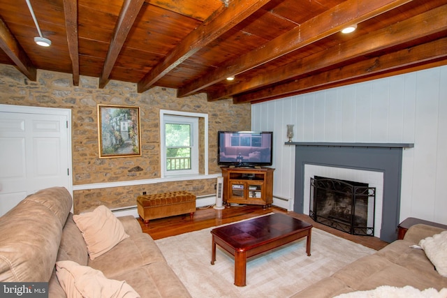 175 Pullen Station Rd, Quakertown, PA 18951 - living area featuring a wood ceiling with exposed beams, wood finished floors, a fireplace with flush hearth, baseboard heating, and wallpapered walls