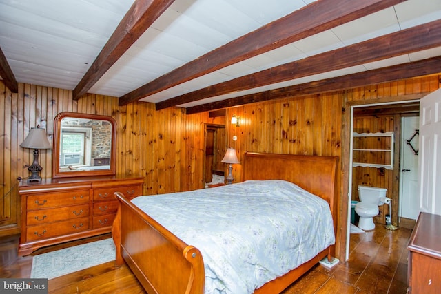 175 Pullen Station Rd, Quakertown, PA 18951 - bedroom featuring wooden walls, beam ceiling, and dark wood-style flooring