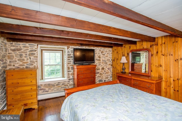 175 Pullen Station Rd, Quakertown, PA 18951 - bedroom featuring a baseboard heating unit, beam ceiling, hardwood / wood-style flooring, and wood walls