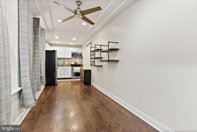 3016 Dillon St, Baltimore, MD 21224 - unfurnished living room with dark wood-type flooring, a ceiling fan, and recessed lighting