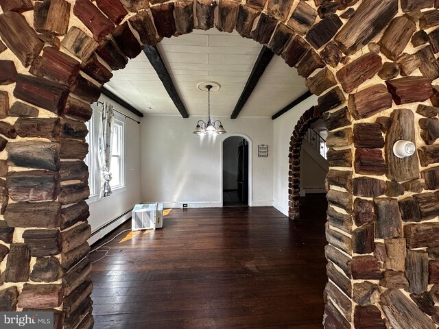2326 Franklin Ave, Morton, PA 19070 - living room featuring arched walkways, hardwood / wood-style flooring, beamed ceiling, baseboard heating, and a baseboard heating unit