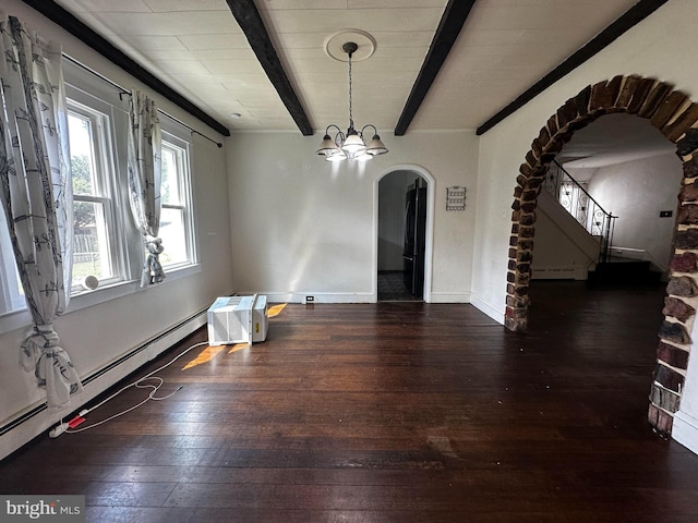 2326 Franklin Ave, Morton, PA 19070 - dining room featuring arched walkways, wood-type flooring, a baseboard heating unit, beamed ceiling, and stairway