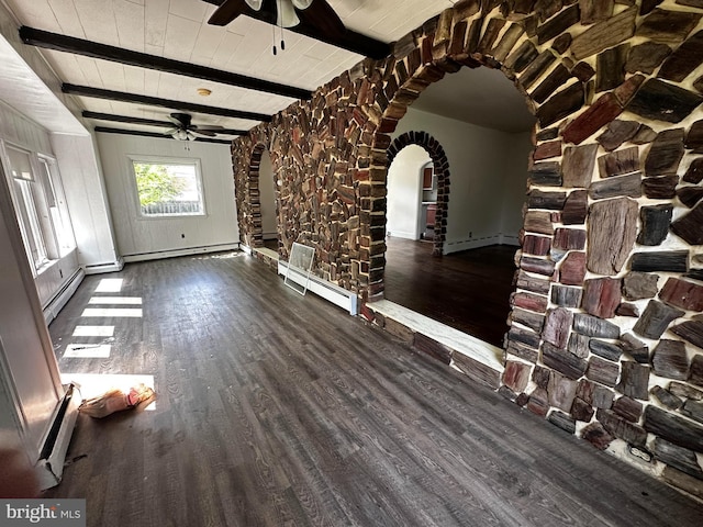 2326 Franklin Ave, Morton, PA 19070 - unfurnished living room with ceiling fan, baseboard heating, wood finished floors, arched walkways, and a wooden ceiling with exposed beams
