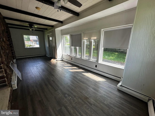 2326 Franklin Ave, Morton, PA 19070 - unfurnished living room featuring ceiling fan, a baseboard radiator, dark wood-style flooring, and a wood ceiling with exposed beams
