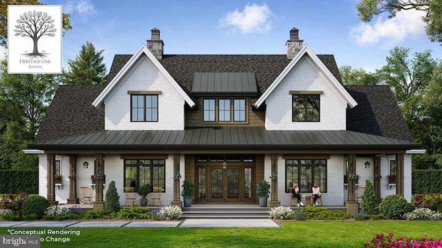 LOT1 Bidle Rd, Middletown, MD 21769 - view of front of house with a standing seam roof, covered porch, a metal roof, a front yard, and french doors