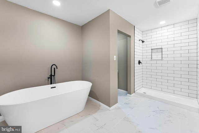 112 Beacon, Moorestown, NJ 08057 - full bath featuring marble finish floors, recessed lighting, a soaking tub, and a shower stall