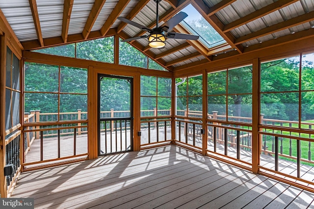 1240 Windmill Ln, Silver Spring, MD 20905 - unfurnished sunroom featuring a skylight, a ceiling fan, and vaulted ceiling
