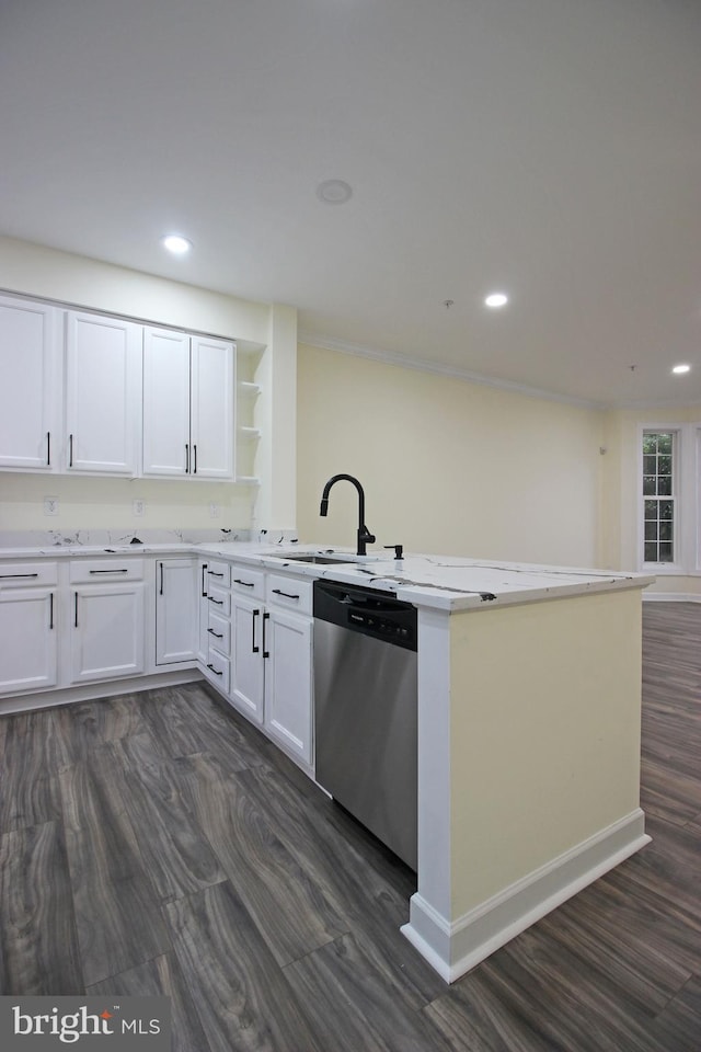 3655 Islington St, Frederick, MD 21704 - kitchen featuring dishwasher, a sink, a peninsula, white cabinetry, and recessed lighting