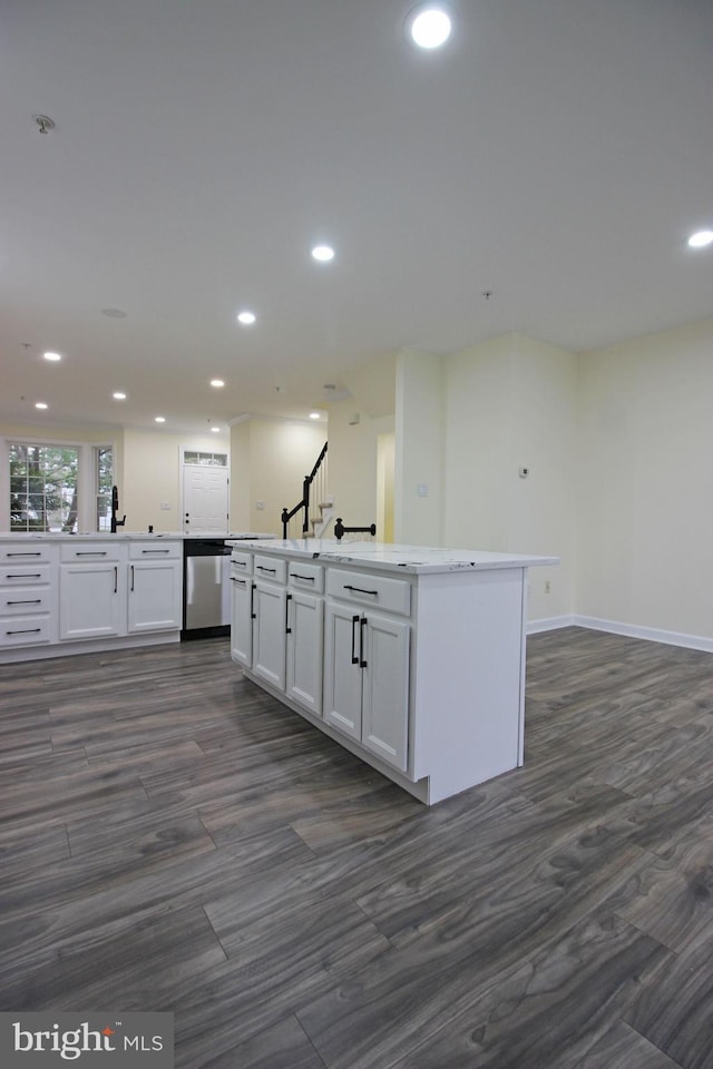 3655 Islington St, Frederick, MD 21704 - kitchen featuring white cabinetry, recessed lighting, dark wood-style floors, light countertops, and dishwasher