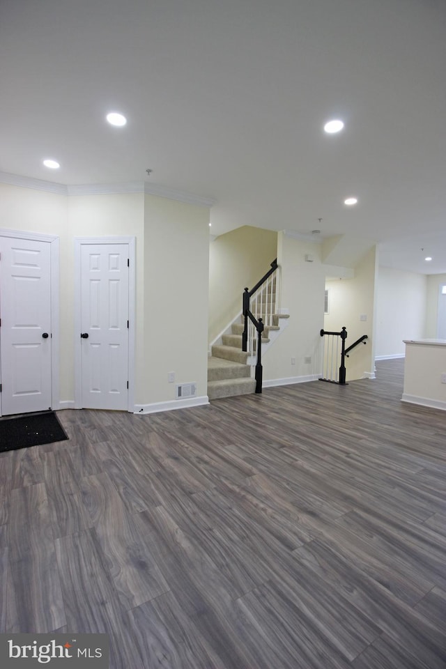 3655 Islington St, Frederick, MD 21704 - below grade area with dark wood-style flooring, recessed lighting, and stairway