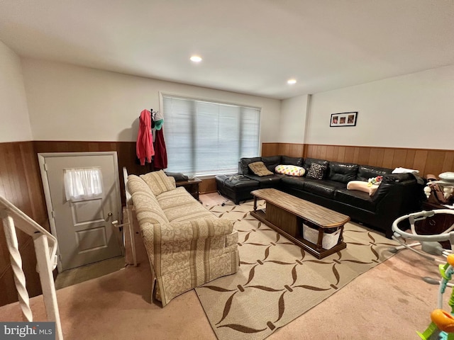 9013 Ashton Rd, Philadelphia, PA 19136 - living room featuring a wainscoted wall, wood walls, carpet floors, and recessed lighting