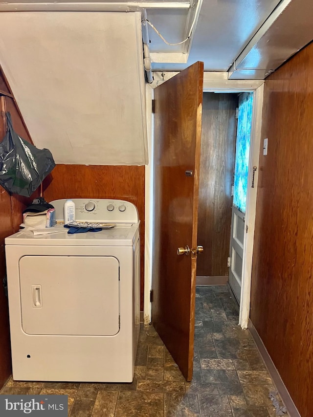 9013 Ashton Rd, Philadelphia, PA 19136 - washroom featuring washer / dryer, stone finish flooring, and wooden walls