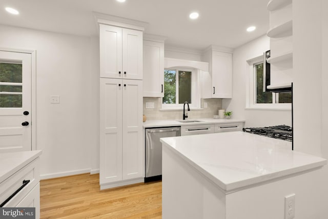 6232 18th Rd N, Arlington, VA 22205 - kitchen with stainless steel dishwasher, white cabinetry, recessed lighting, light wood-style floors, and decorative backsplash