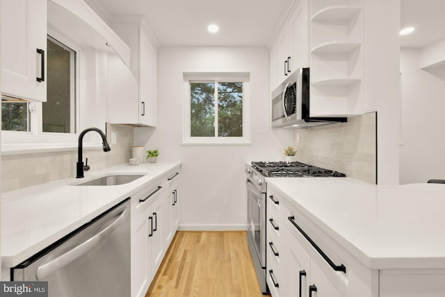6232 18th Rd N, Arlington, VA 22205 - kitchen featuring appliances with stainless steel finishes, open shelves, decorative backsplash, white cabinets, and recessed lighting
